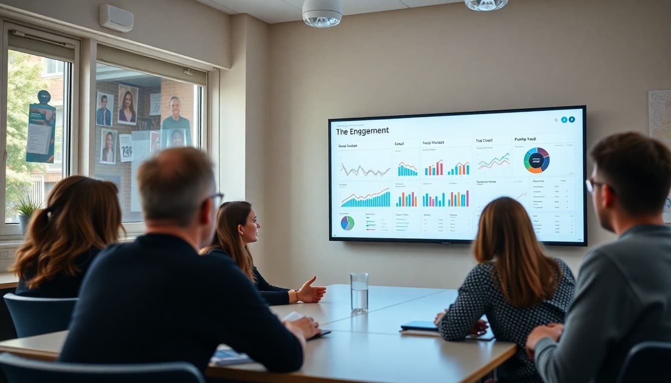 School communications team reviewing engagement data dashboard on a large screen in a meeting room