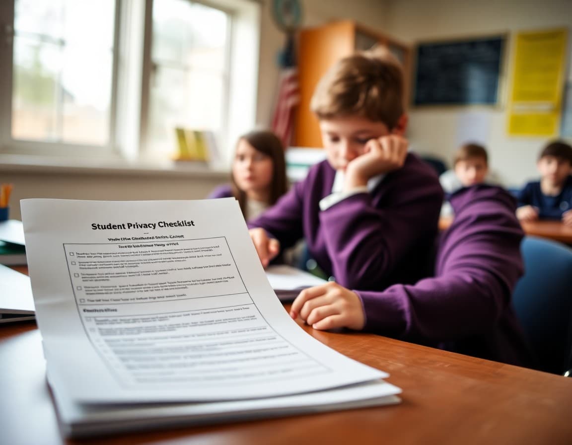 Student privacy compliance checklist next to a school newsletter draft on a school administrator's desk