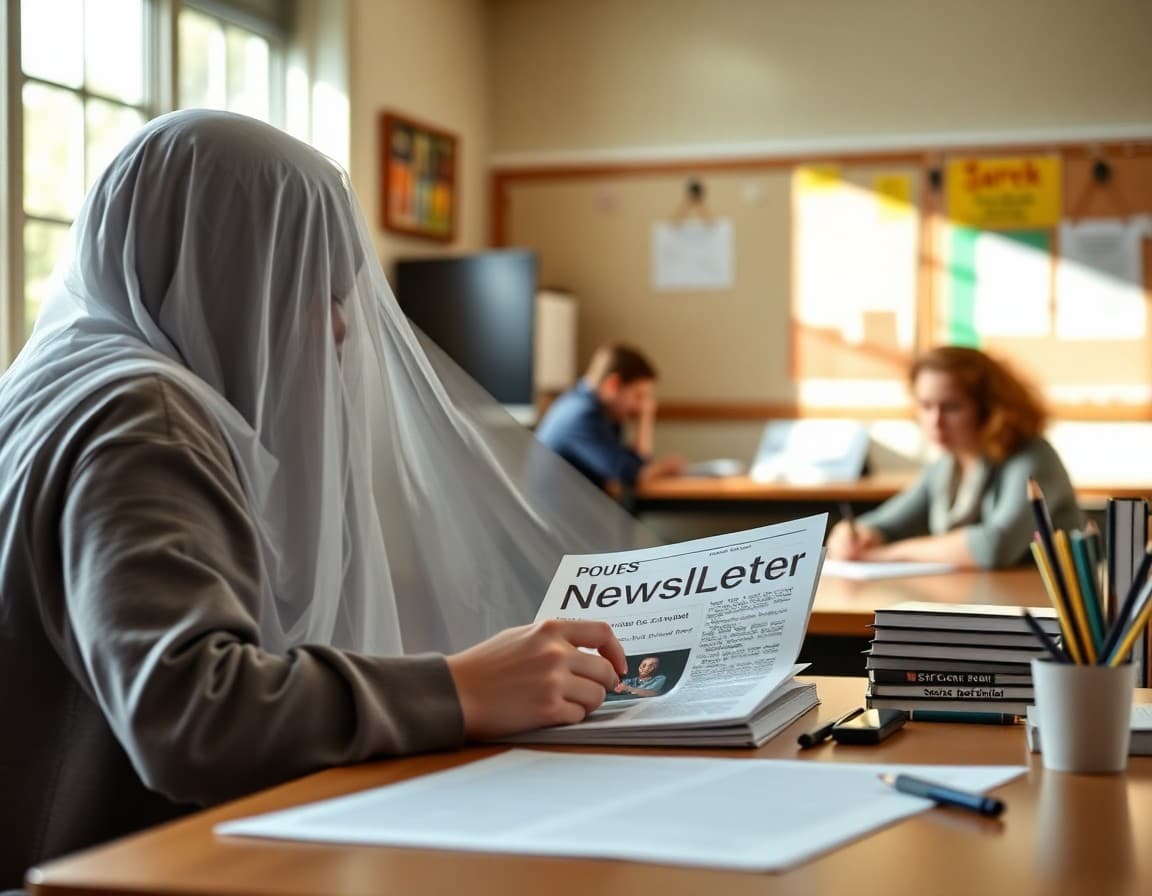 Ghost newsletter editor showing a school district newsletter being written with photos and event content