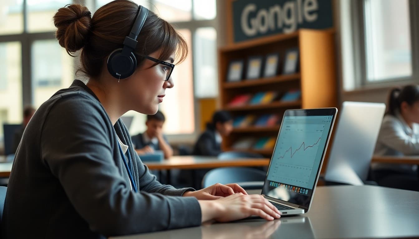 School communications coordinator reviewing Google Analytics dashboard data on a laptop