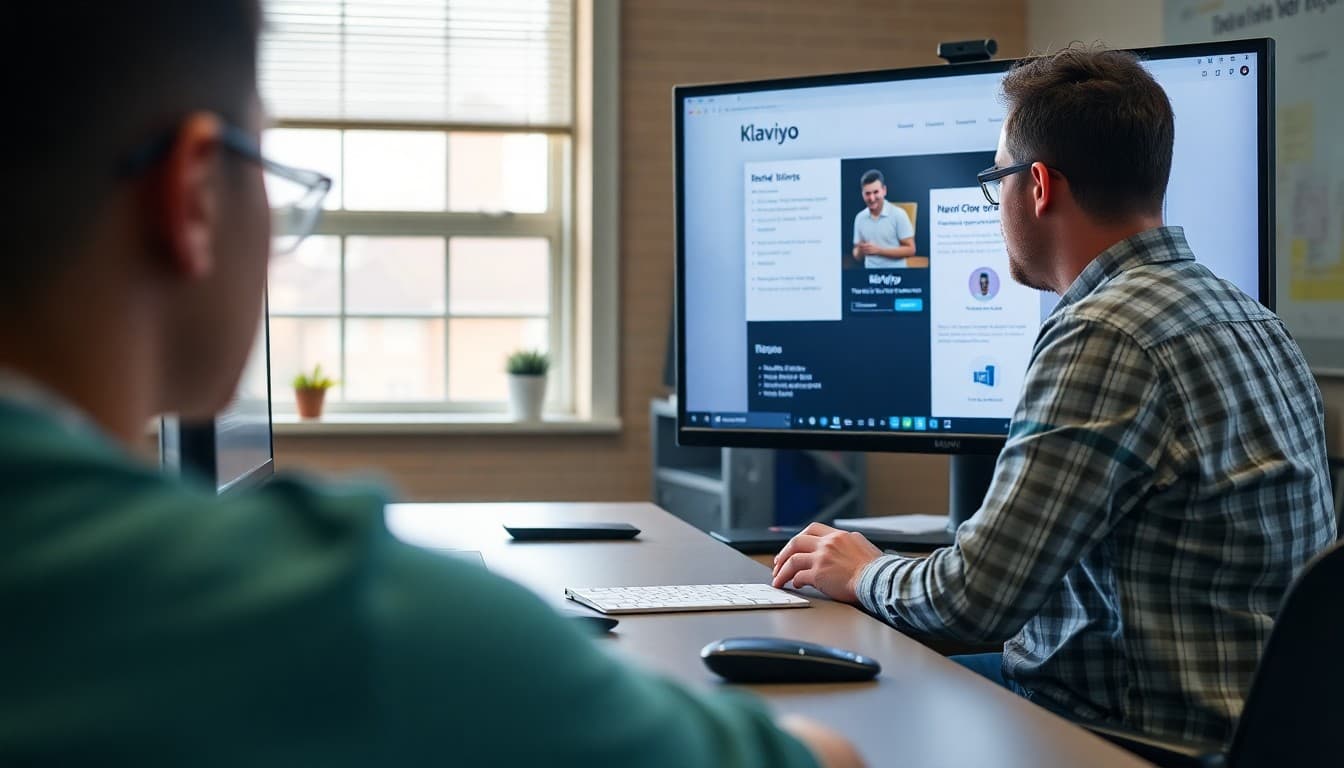 School district IT administrator evaluating Klaviyo email platform features on a large monitor
