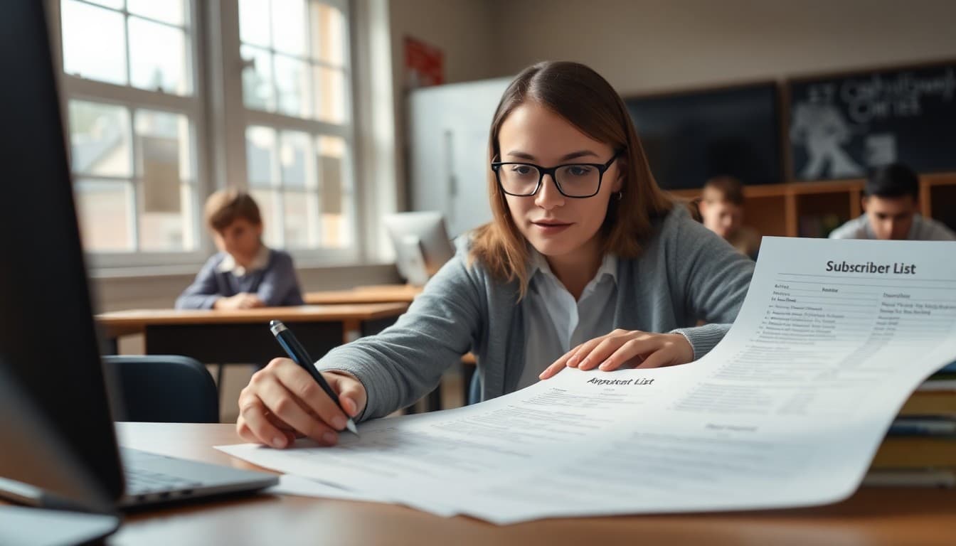 School administrator cleaning up a subscriber list by removing outdated email addresses from a spreadsheet