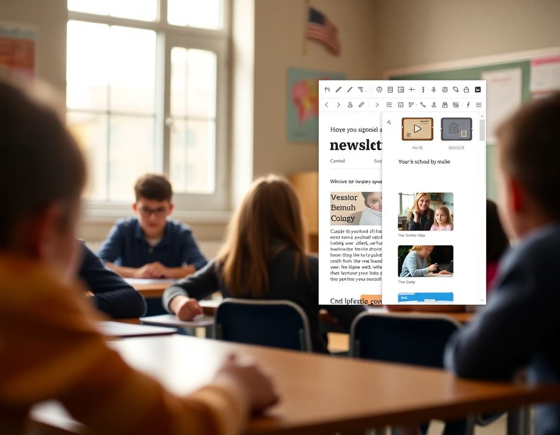 Mailchimp email editor showing a school newsletter template being customized for a classroom