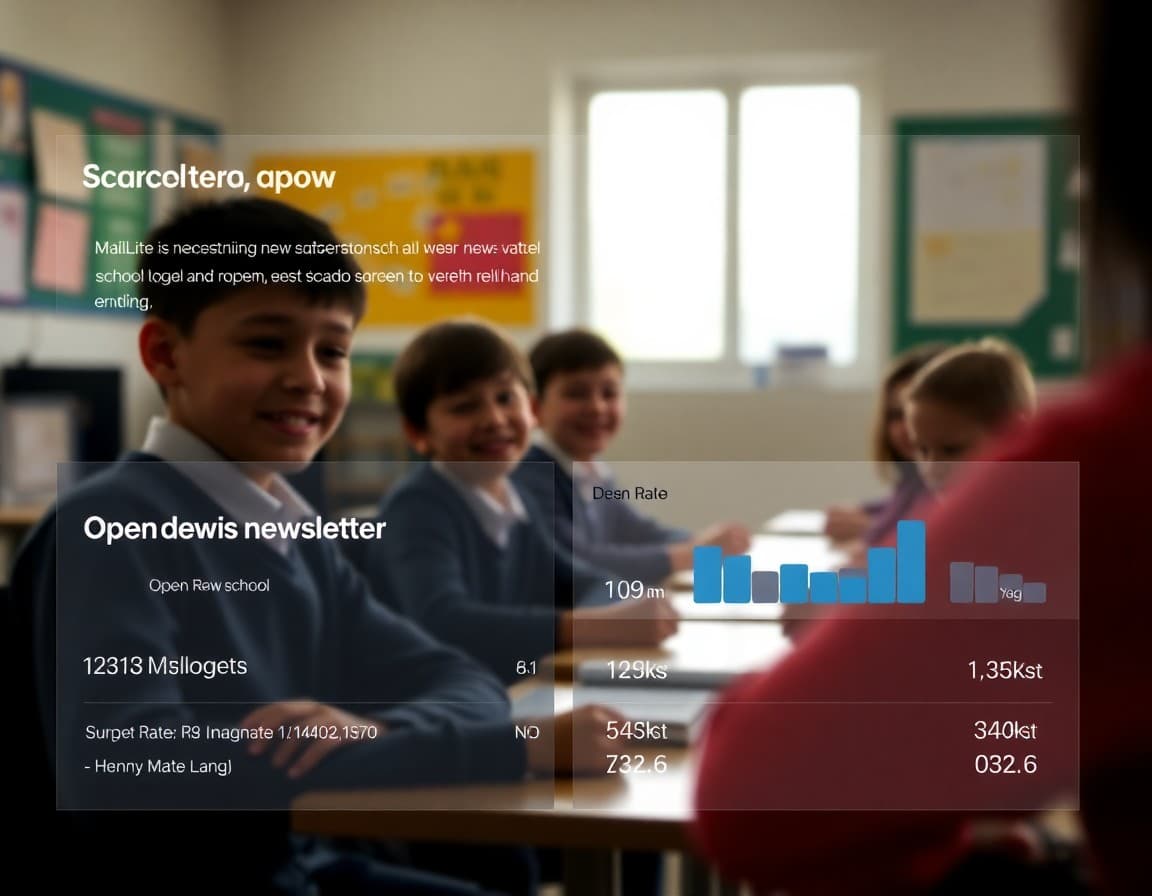 MailerLite dashboard showing a school newsletter campaign with open rate and click statistics