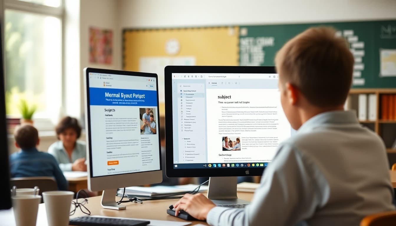 School administrator building a parent newsletter in the MailerLite email editor on a desktop computer