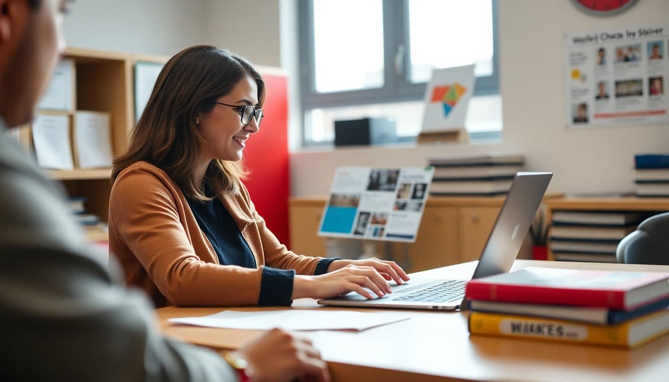 Teacher building a school newsletter in Microsoft Sway on a Surface laptop in a school office