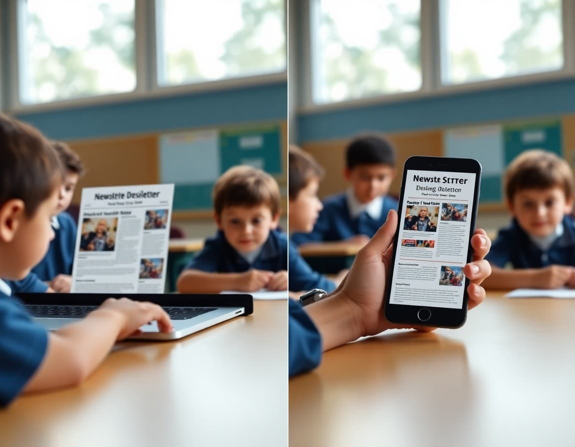 Side by side comparison of a school newsletter displayed on desktop and mobile showing responsive design differences