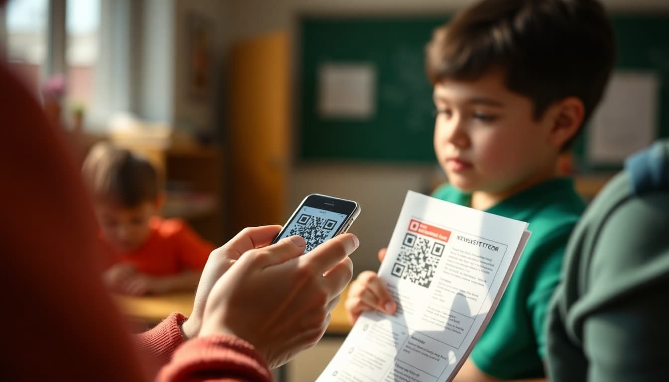 Parent scanning a QR code printed on a school newsletter handout using a smartphone