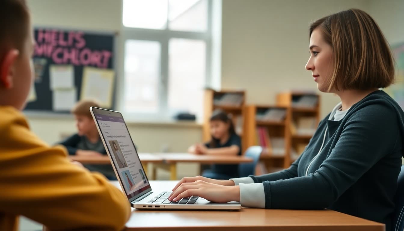 Teacher typing a school newsletter post in the Substack editor on a laptop in a classroom