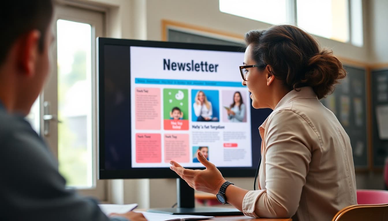 Educator reviewing a colorful school newsletter template on a large monitor with sections clearly defined