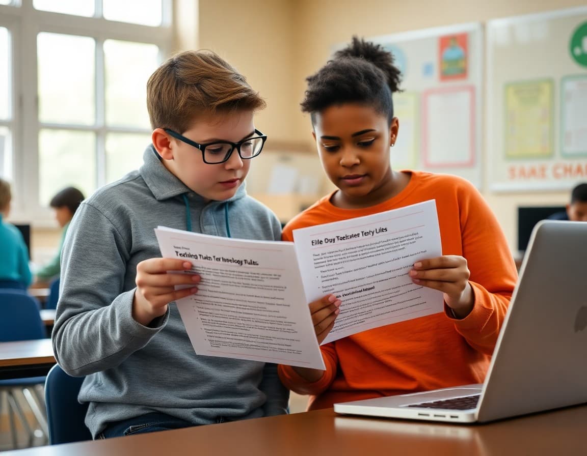 Students and teacher reviewing technology rules together using printed acceptable use policy guide