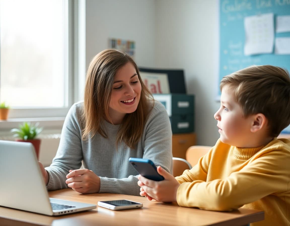 Parent and child having a conversation about social media use and screen time at home