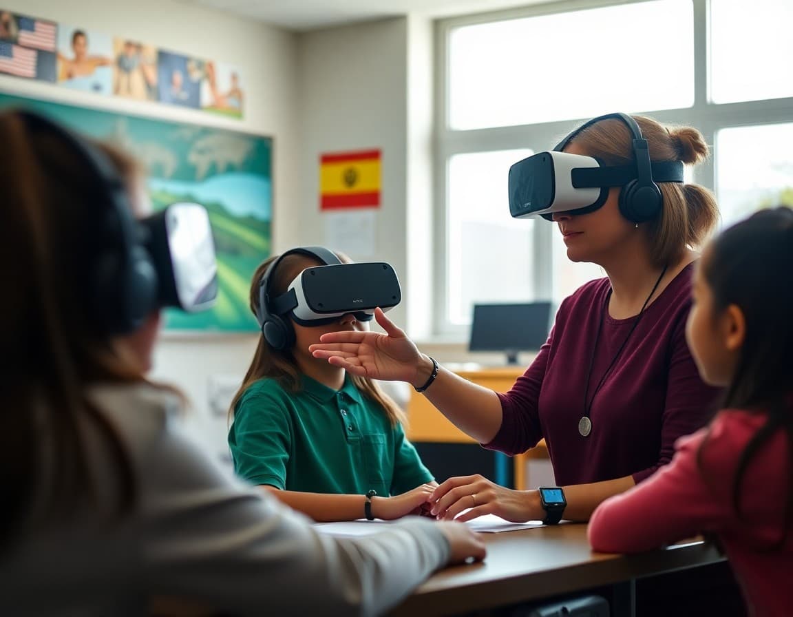 Teacher guiding students through virtual reality field trip experience in a school technology lab