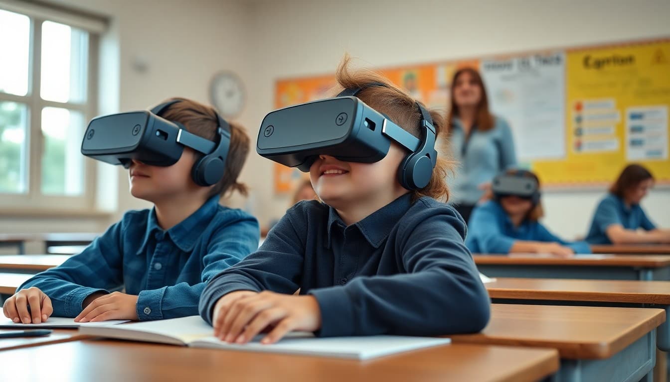 Students using VR headsets for immersive learning in a school classroom with teacher supervision