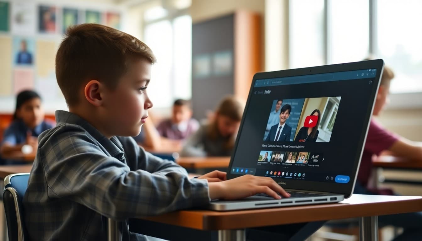 Student watching an educational YouTube video on a laptop in a school classroom setting