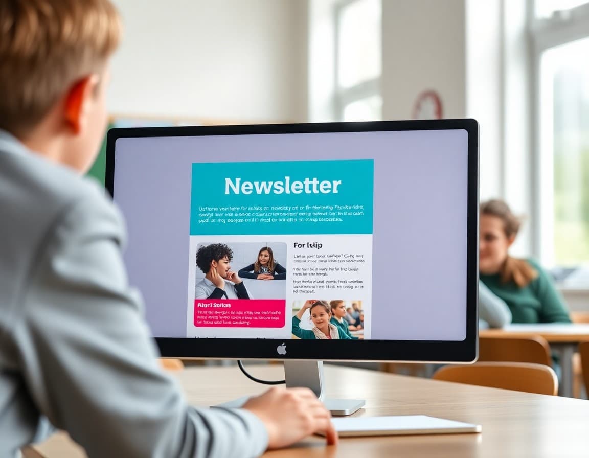 Canva newsletter template for schools displayed on a desktop monitor