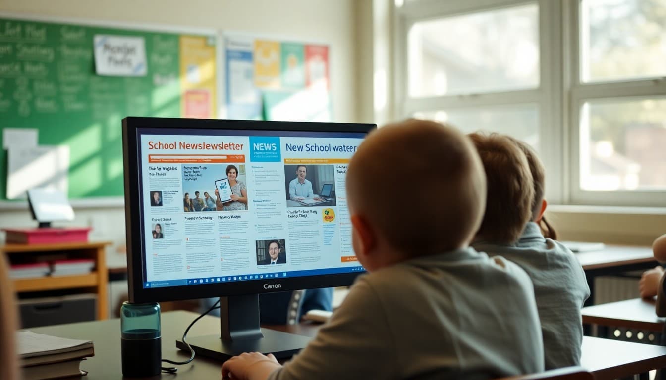 Collection of school newsletter templates displayed on a computer screen