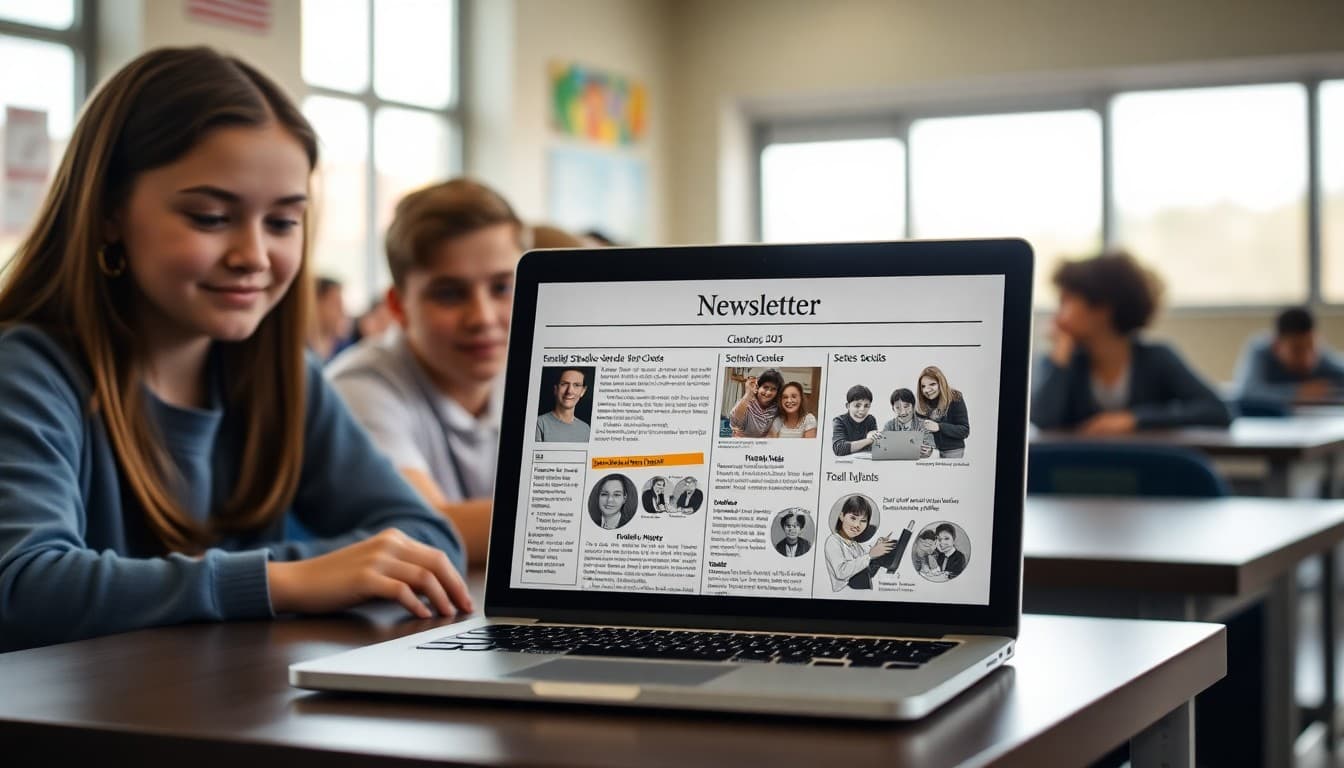 Three-section school newsletter displayed with clear visual sections on a laptop