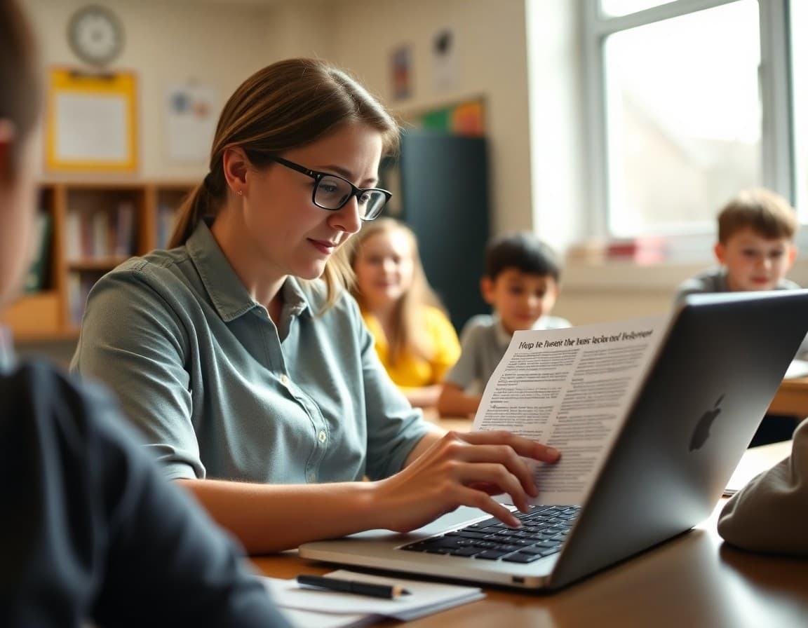 Teacher organizing newsletter content into two sections on a laptop