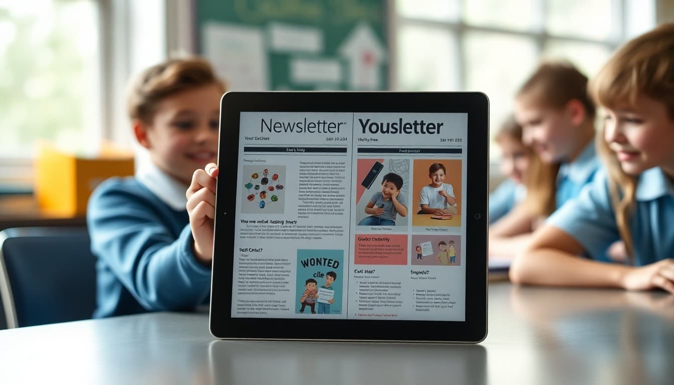 Two-section school newsletter displayed on a tablet with clear visual sections